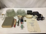 Large Lot of Assorted Trinkets: China, vintage kitchen accessories, book, plates, etc. see pics