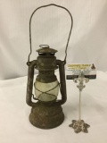 Antique metal and glass lantern, approx 11 x 6 inches.