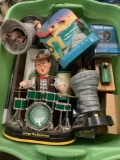 Open tub lot of fishing clock, toys, train horn, Amigo The Drummer electric toy, collectibles and