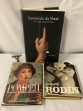 Lot of 3 oversized art books; Leonardo da Vinci, Augusta Rodin, Pompeii, approx 12x18x4 inches.