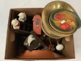 Open box lot of vintage home decor, spitoon, pig salt and pepper shakers, Detex Watchclock Corp