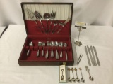 Oneida / Mary Jones vintage stainless flatware with wood case, collectors spoons, 62 pieces