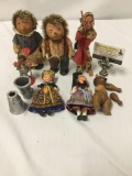 Lot of 6 children?s toys. 3 anthropomorphic porcupine Figurines, a sweeping old woman, a bear with