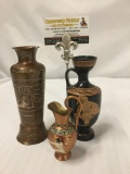 3 vintage metal and ceramic Greek and Egyptian Style amphorae. Hand painted with Scenes of warriors