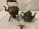 2x antique tea pots; Sheffold pewter tea pot, brass pot with burner stand, approx 8x13x8 inches