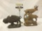 Pair of animal statues - A Resin buffalo with a broken horn, and a pair of wooden mountain goats