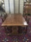 Vintage rustic dining table with trestle base and 4 wicker seat carved chairs
