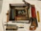 Lot of Vintage hand tools; WM Johnson Compass, 6 piece saw set, files, set stone