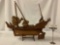 Vintage wooden ship model with stand and cloth sails - needs re-strung to hang sails