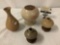 Lot of 4 primitive/ old antique earthenware ceramic vases and bud vase, 2 with wood stand