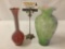 Lot of 2 vintage art glass vases in light green and red - flower vase and bud vase