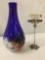Vintage art glass flower vase with cobalt top and colorful base - artist unknown