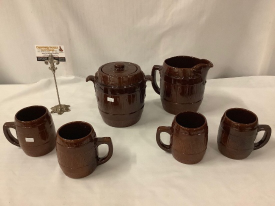 Rare 6pc ceramic 1950's barrel style mugs, pitcher and cookie jar set by Frankoma
