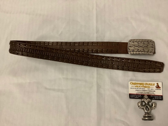 Vintage men?s leather braided belt with etched metal buckle, approx 40 inches total length