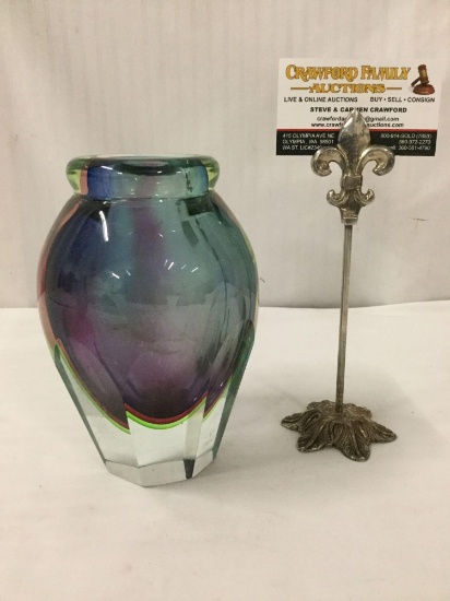 Cut glass multicolor vase w/ an oviod body ending on a tapered base - artist unknown