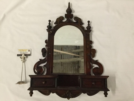 Antique renaissance revival style carved wall mirror with shelf and 2 small drawers