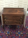 Vintage art deco secretary desk with cabriole legs and flamed wood grain veneer