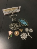 6 antique & modern costume jewelry brooches with pair of earrings - Monet, Lisner, Simmons, etc