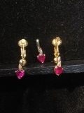 Vintage 10k gold heart shaped ruby necklace & earrings - no chain 5 g total weight