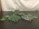 12 pc of vintage green depression glass - etched plate, pattern plate, childs pitcher etc