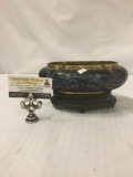 Vintage cloisonne bowl with dragon designs & gilt accents w/ greek key design pierced stand as is