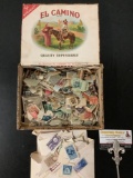 Antique El Camino Cigar box full of antique stamp collection, huge lot of post marked postage stamps