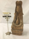 Wooden hand carved Chinese statue of woman with vase