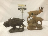 Pair of animal statues - A Resin buffalo with a broken horn, and a pair of wooden mountain goats