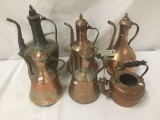 Collection of 5 vintage Turkish Copper ewers and a cooper teapot with no lid