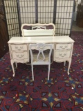 White painted provincial style vanity desk with 5 drawers and wall hanging mirror - as is