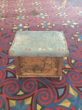 Small antique hand carved upholstered ottoman with storage