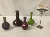 Lot of 4 vintage glazed colorful ceramic bud vases