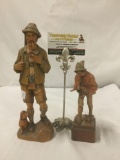 2 vintage Swiss carved wood statues by Schmid-Linder Boy playing a flute, hunter with pipe etc