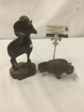 2 hand carved wooden animal statues - a Ram, and a Bison - bison as is
