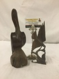 2 hand carved wooden bird statues - heron and flying bird