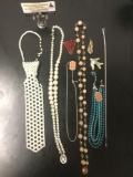 9 vintage estate jewelry pcs incl. Vintage .925 silver chain, Japanese blue pearl necklace, etc see