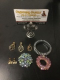 6 estate jewelry pcs - Vintage Krementz rose gold pendant, Trifari gold clip earrings, and more