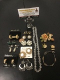 12 estate jewelry pieces - Ringus screwback earrings, Monet earrings, rhinestone pcs, and more