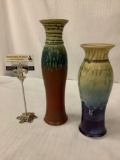 2 handmade glazed ceramic vases w/ tapered bodies & colorful drip design by Mark Hudak