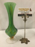 Studio art glass vase with a tapered neck ending on a pedestal base, multicolor, artist unknown