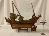 Vintage wooden ship model with stand and cloth sails - needs re-strung to hang sails