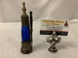 Old antique blue glass and brass perfume bottle with wooden applicator