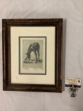Vintage framed block print artist proof of a drinking horse by Bud Helbig, inscribed : to Harry