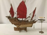 Vintage wooden ship model with wood stand and red cloth sails
