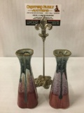 Pair of glazed ceramic hand made bud vases - unknown artist - marked on bottom