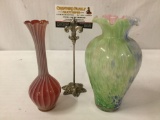Lot of 2 vintage art glass vases in light green and red - flower vase and bud vase