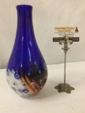 Vintage art glass flower vase with cobalt top and colorful base - artist unknown