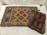 Lot of 2; Native American style woven rug and Dunya woven backpack with leather closures