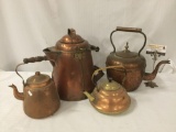 Lot of 4 antique copper kettles, one marked Made in Portugal - various sizes