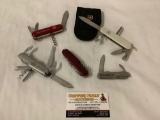 4 pocket knives; Swiss Army white Victorinox w/ pouch, Eddie Bauer Swiss Army Knife, etc